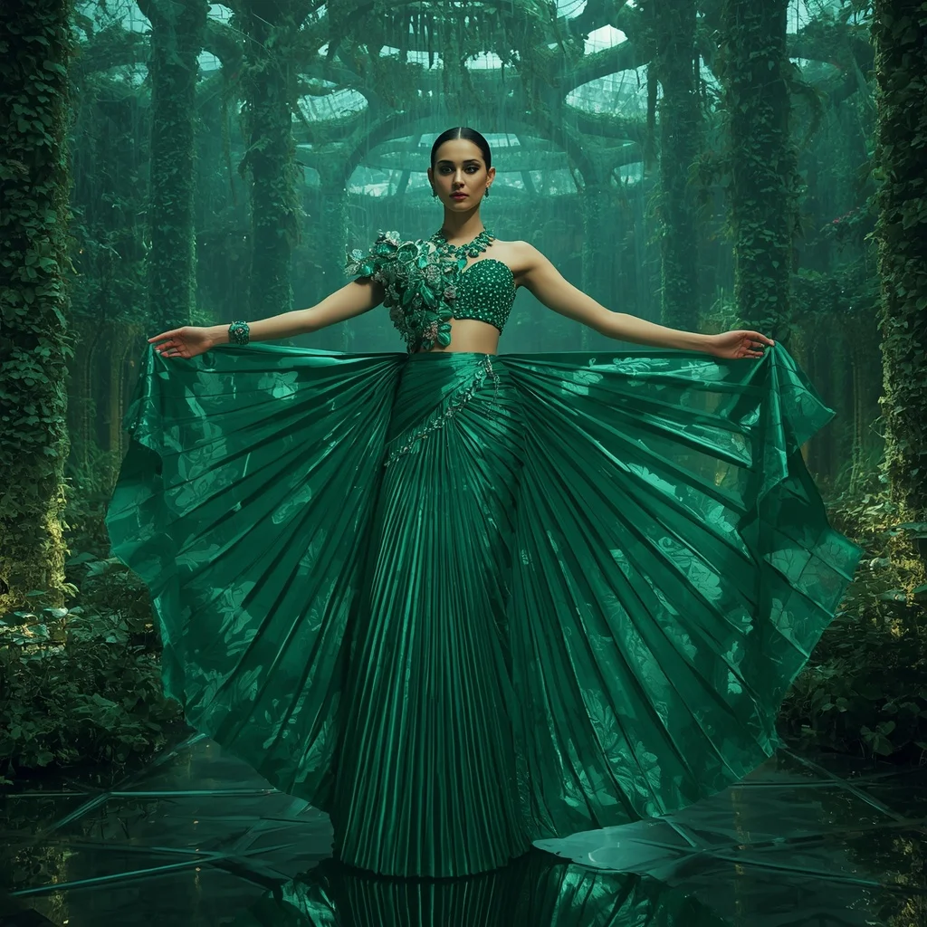 Emerald Crystal Maze Saree with Rotating Garden Labyrinth | Cute Prompt For Girls In Saree Aesthetic