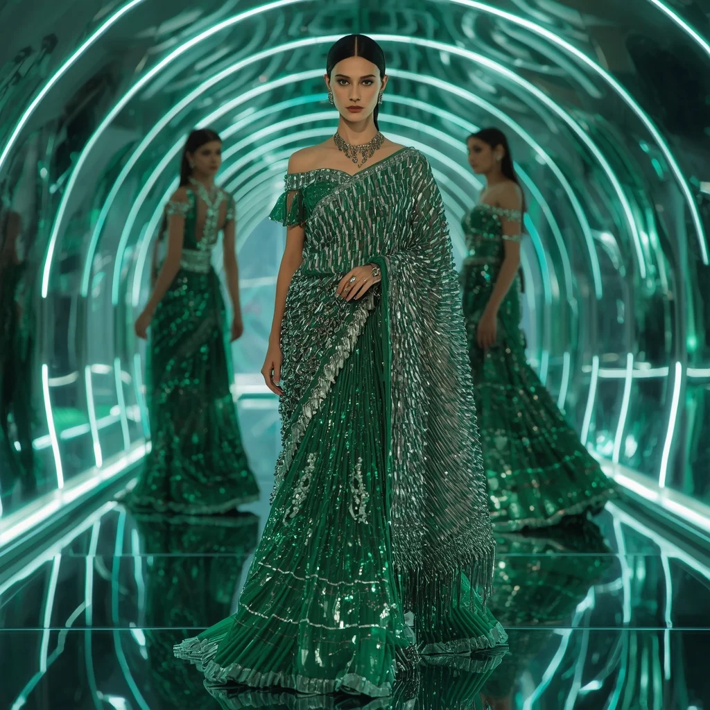 Emerald Cyber Mirage Saree with Curved Neon Infinity Crystal Hall | Prompt Seen Girl Kurti