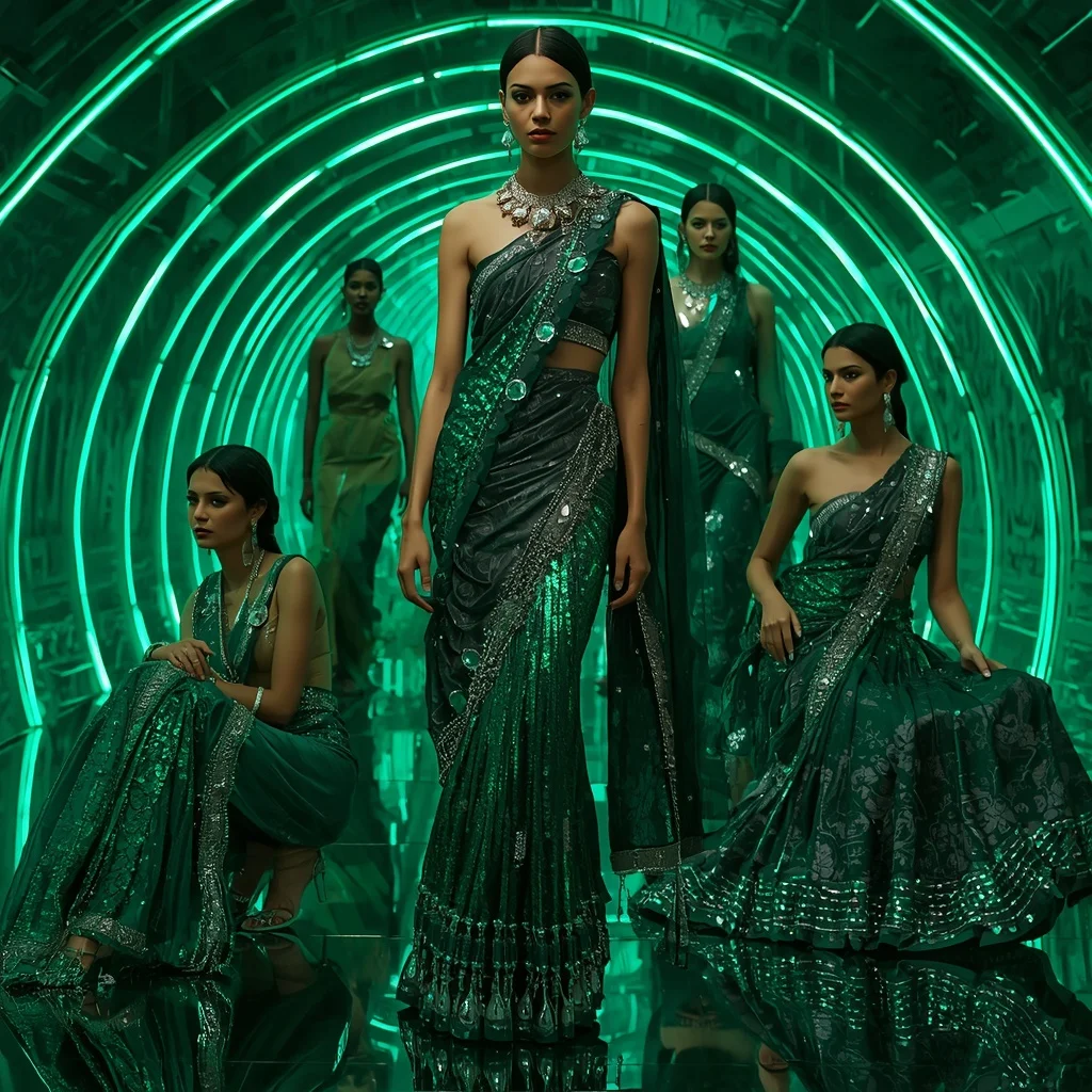 Emerald Cyber Mirage Saree with Curved Neon Infinity Sanctuary | Prompt Seen Girl