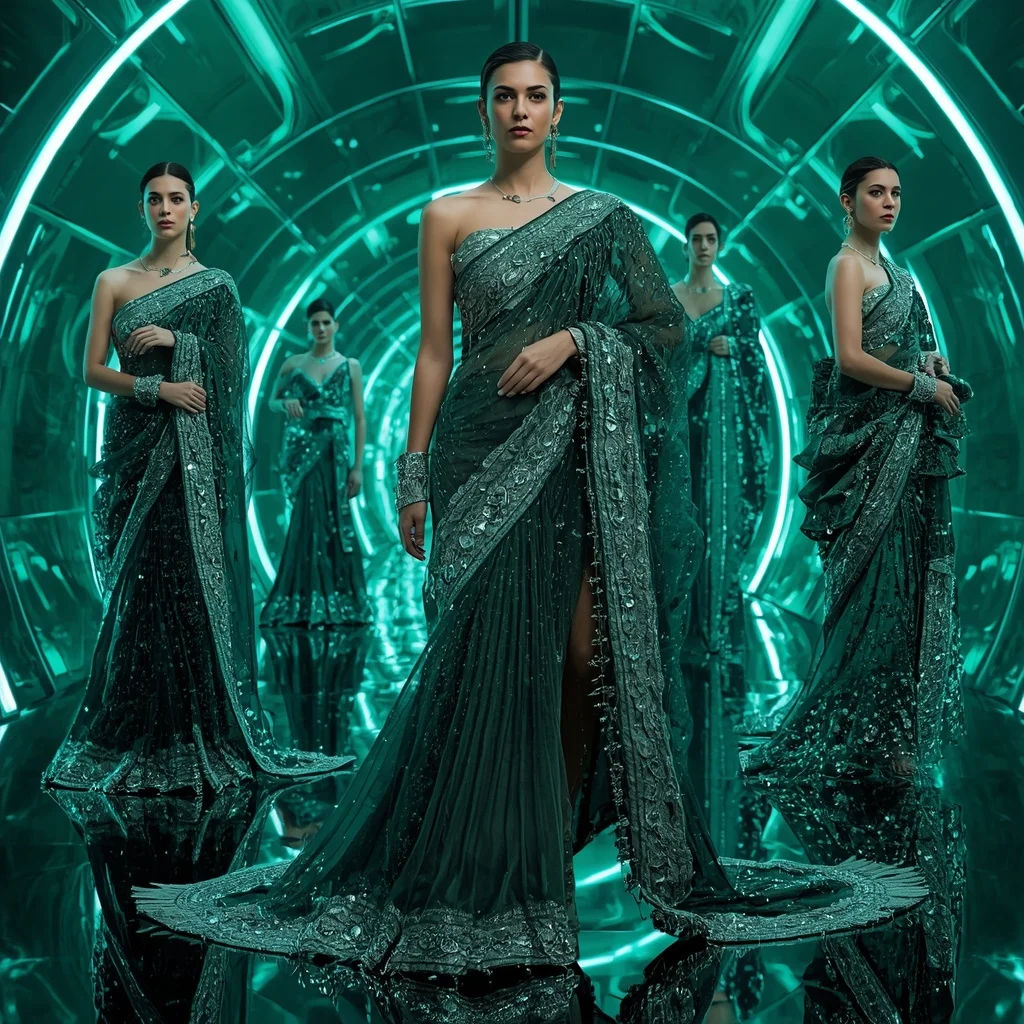 Emerald Cyber Nova Saree with Curved Neon Orbit Empire | Instagram Aesthetic Ai Prompt