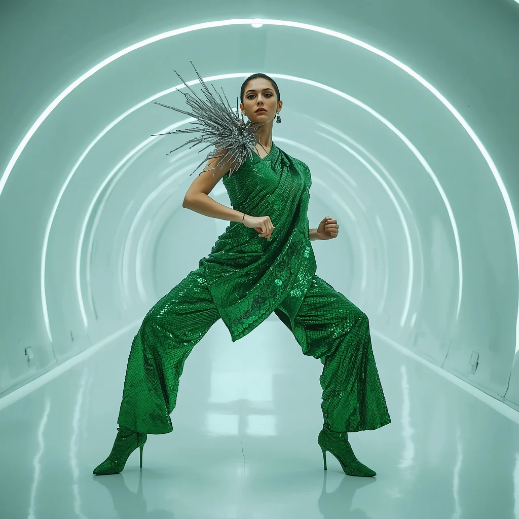 Emerald Dragon-Scale Sequin Saree in Tech Tunnel | Pre Wedding Ai Prompt