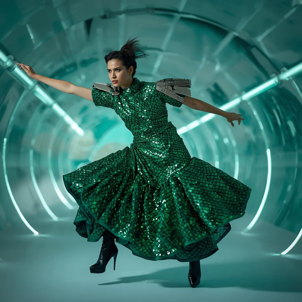 Emerald Dragon-Scale Sequin Saree with Curved Tech Tunnel | Romantic Ai Prompt