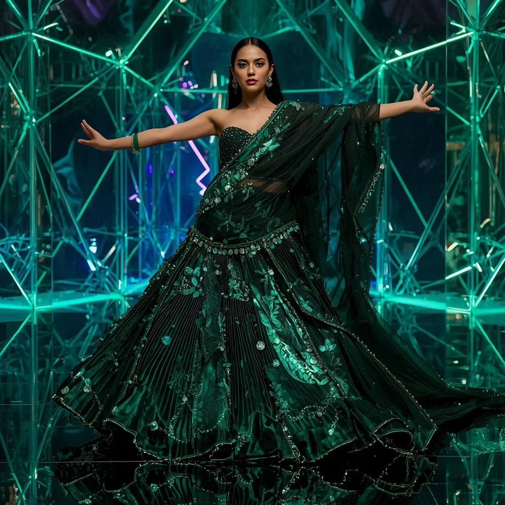 Emerald Eclipse Thunder Saree with Prism Infinity Empire | Gemini Ai Prompt For Girl