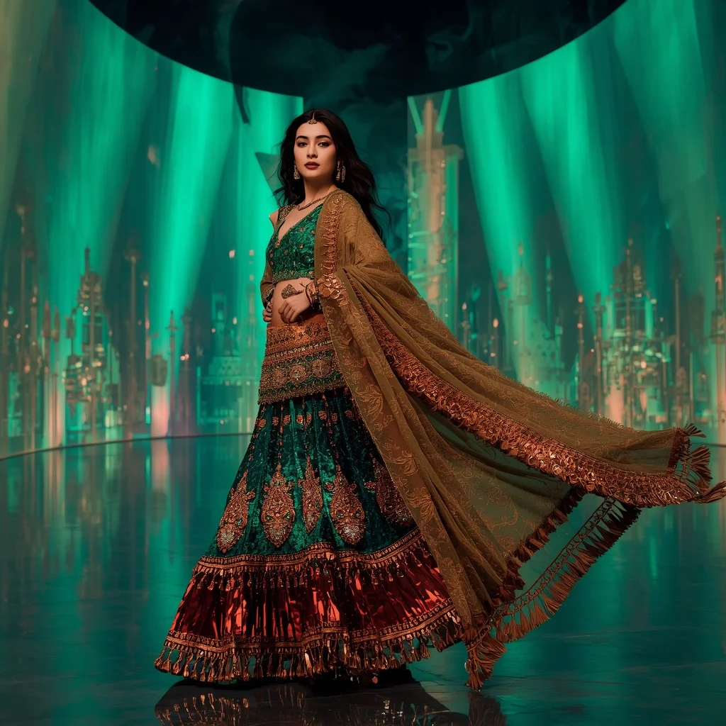 Emerald Firestorm Royale Saree with Curved Plasma Citadel | Creative Ai Prompt