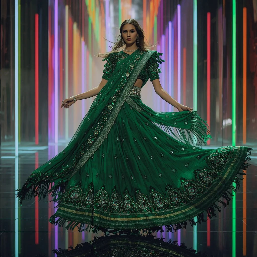 Emerald Flame Royale Saree with Quantum Prism Reflection Cathedral | Prompt Image