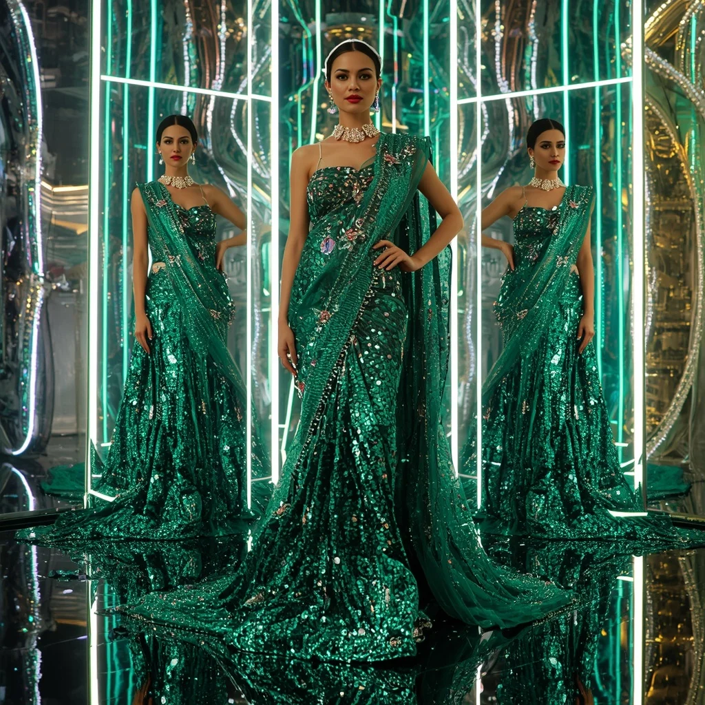 Emerald Galaxy Infinity Empress Saree with Multi Editorial Frames and Neon Quantum Mirror Hyperrealm | Lighting Ai Prompt