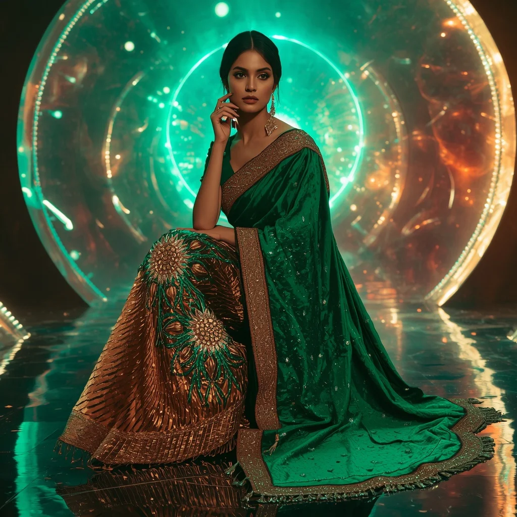 Emerald Inferno Eclipse Saree with Holographic Solar Orbit Universes | Gemini Ai Prompt