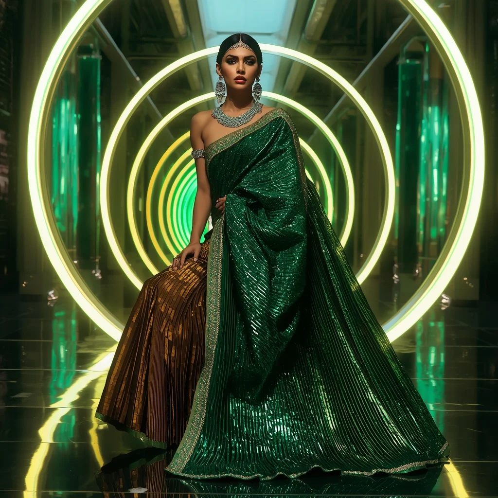 Emerald Inferno Mirage Saree with Holographic Solar Infinity Rings | Selfie Prompt