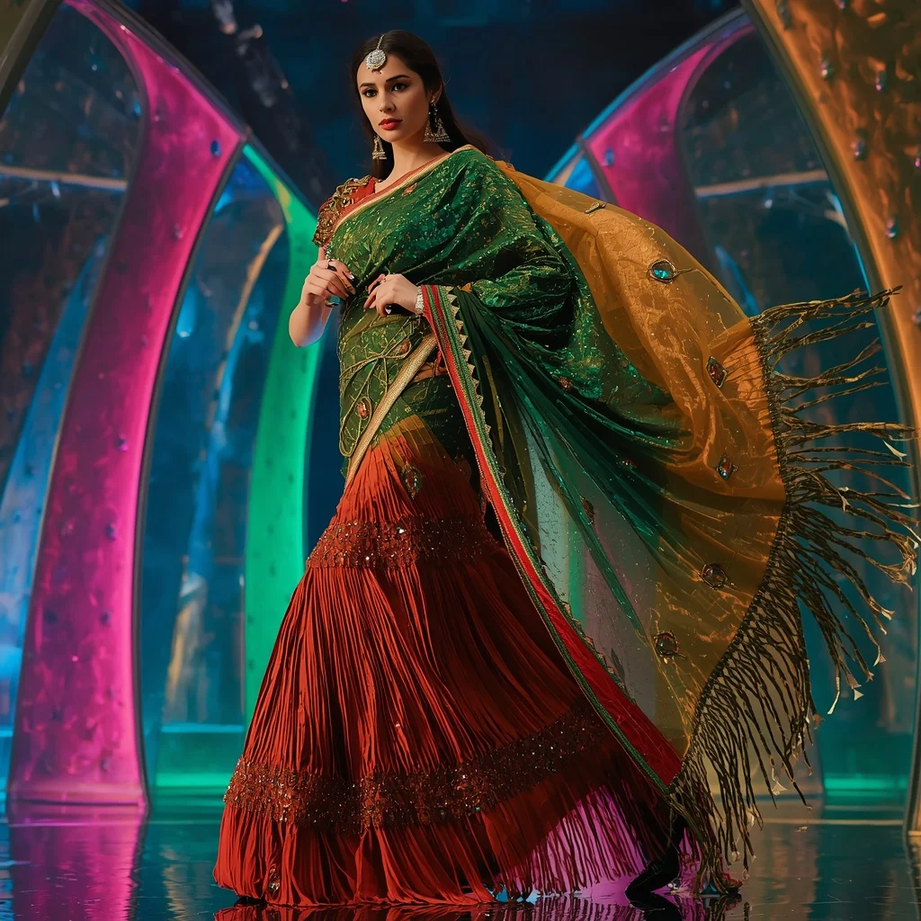 Emerald Inferno Prism Saree with Curved Plasma Fortress | Cinematic Ai Prompt