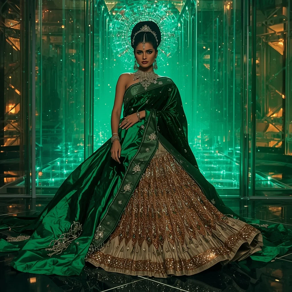 Emerald Inferno Quantum Saree with Holographic Solar Crown Dimensions | Instagram Viral Photo Ai Prompt