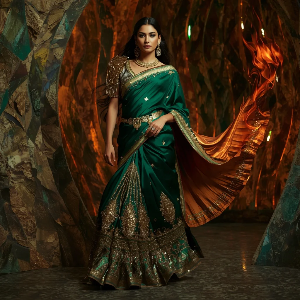 Emerald Inferno Regal Saree with Lava Prism Sanctuary | Candid Female Portrait Ai Prompt