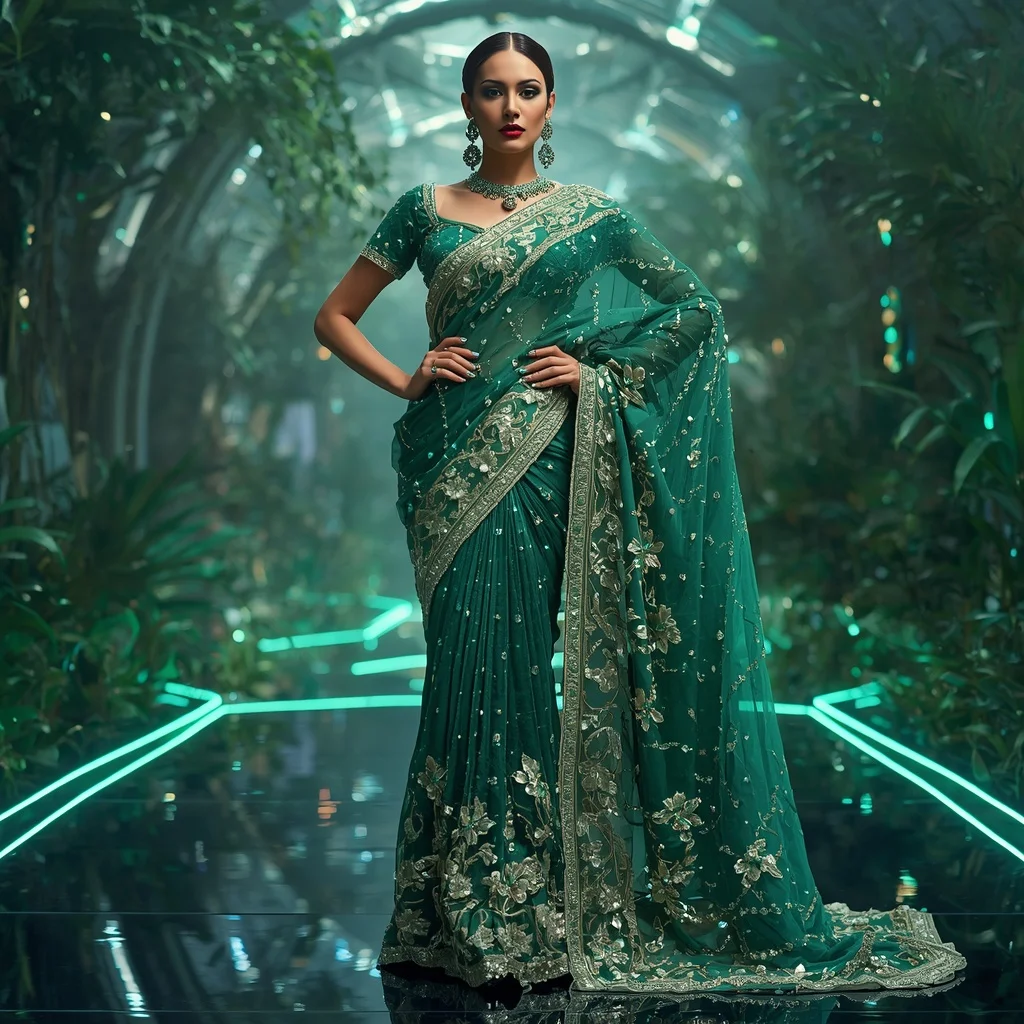 Emerald Jewel Garden Saree with Botanical Prism Infinity Palace | Image Prompt