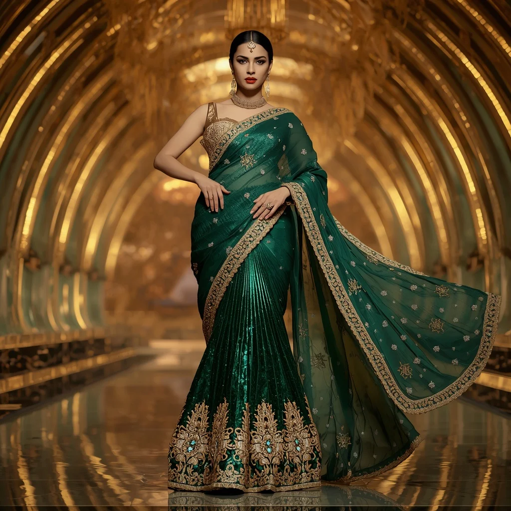 Emerald Lotus Crown Saree with Golden Infinity Empire Hall | Aesthetic Ai Prompt