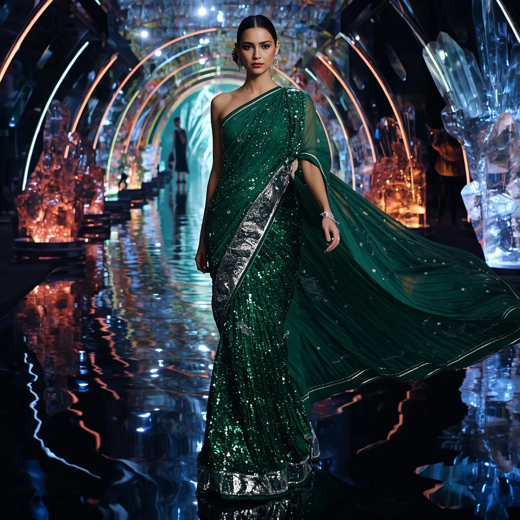 Emerald Mirage Saree with Neon Prism Reflection Water Bridges | Creative Ai Prompt