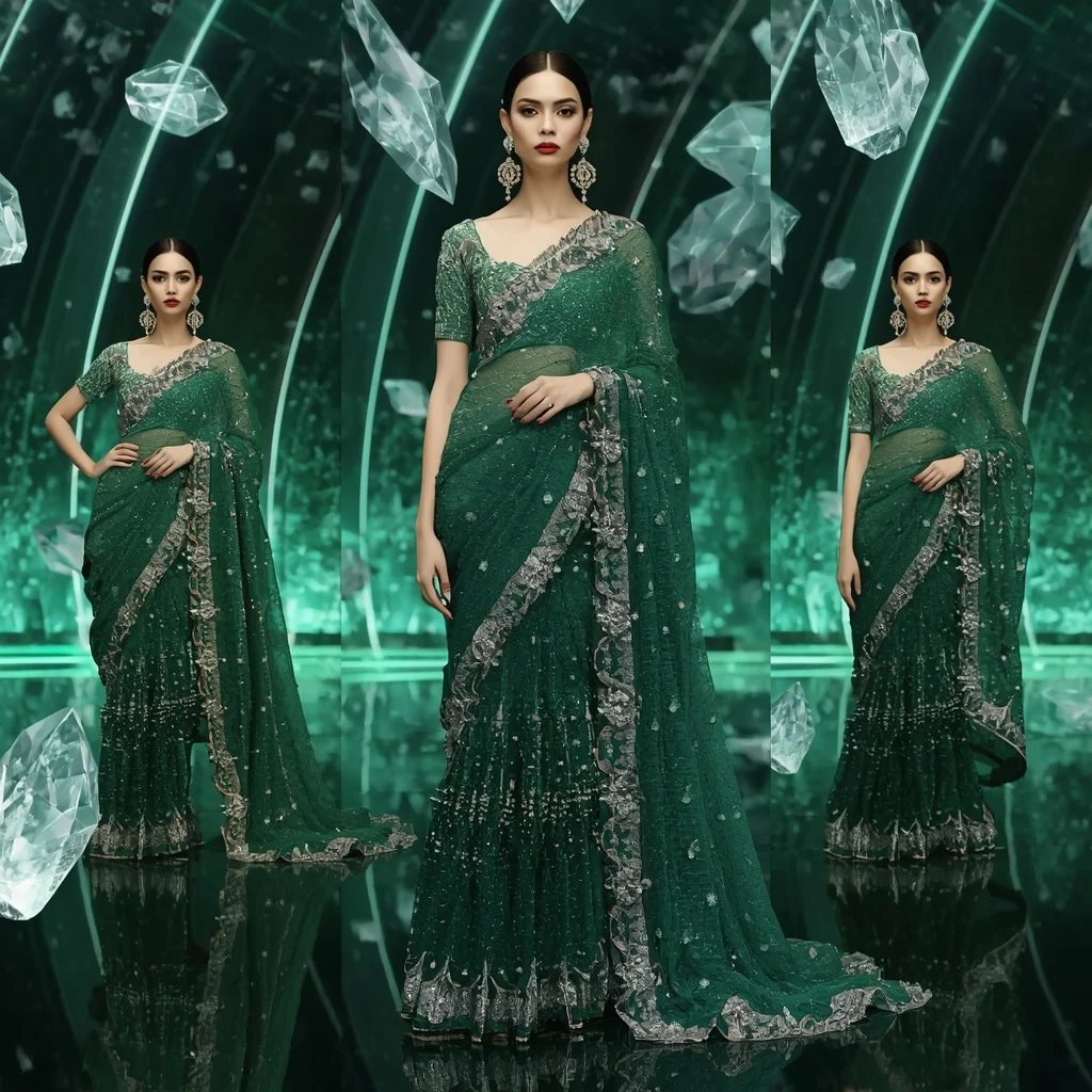 Emerald Moonlight Prism Saree with Floating Halo Crystal Palace | Secret Ai Prompt