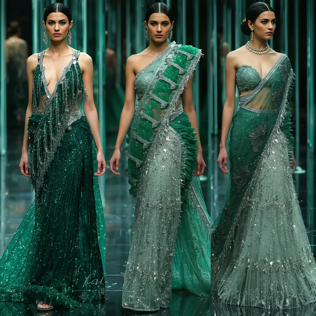 Emerald Moonlight Prism Saree with Floating Halo Galaxy Corridors | Best Prompt For Traditional Look For Girl Chatgpt