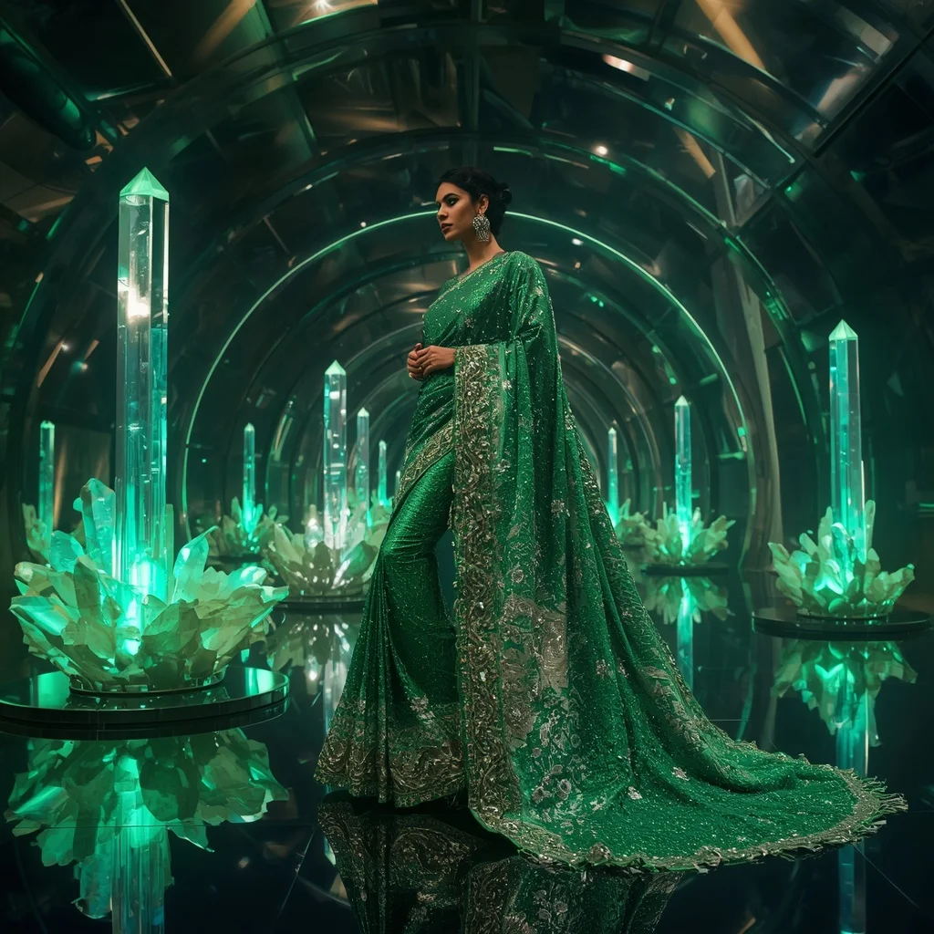 Emerald Moonlight Prism Saree with Floating Halo Infinity Crystal Sanctuary | Festive Prompt