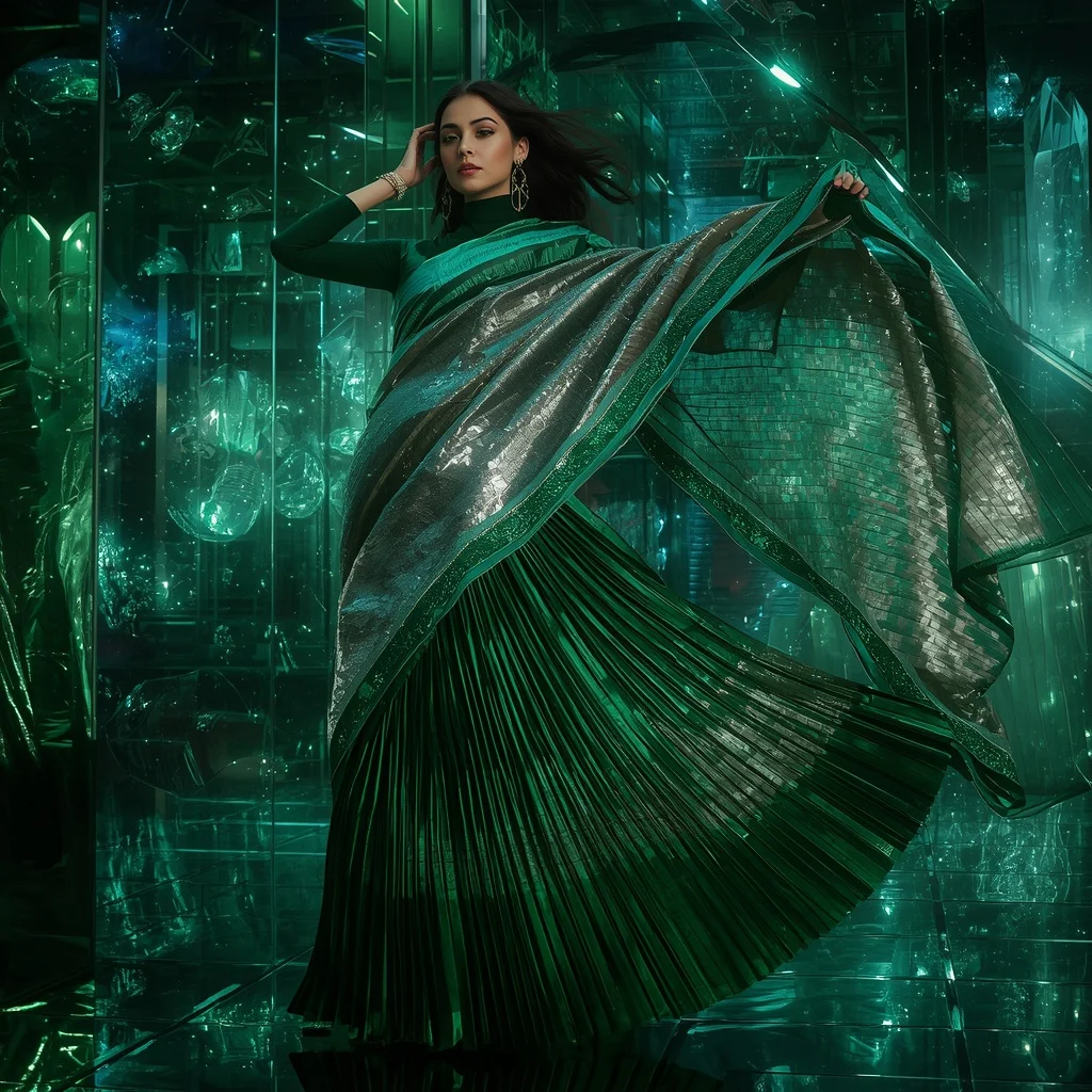 Emerald Nebula Quantum Saree with Floating Laser Crystal Galaxies | Prompt Seen Girl Kurti