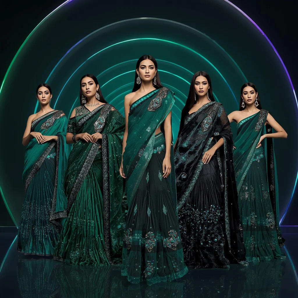 Emerald Nebula Saree with Five Fashion Poses and Infinity Prism Arches | Saree Selfie Ai Prompt