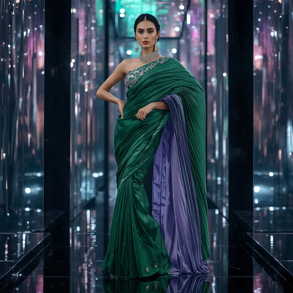 Emerald Neon Velocity Saree with Floating Geometry Reflection Galaxy Infinity Corridor | Best Prompt For Traditional Look For Girl Chatgpt