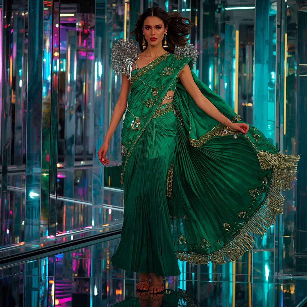 Emerald Nova Crystal Saree with Floating Prism Reflection Observatory | Instagram Carousel Ai Prompt