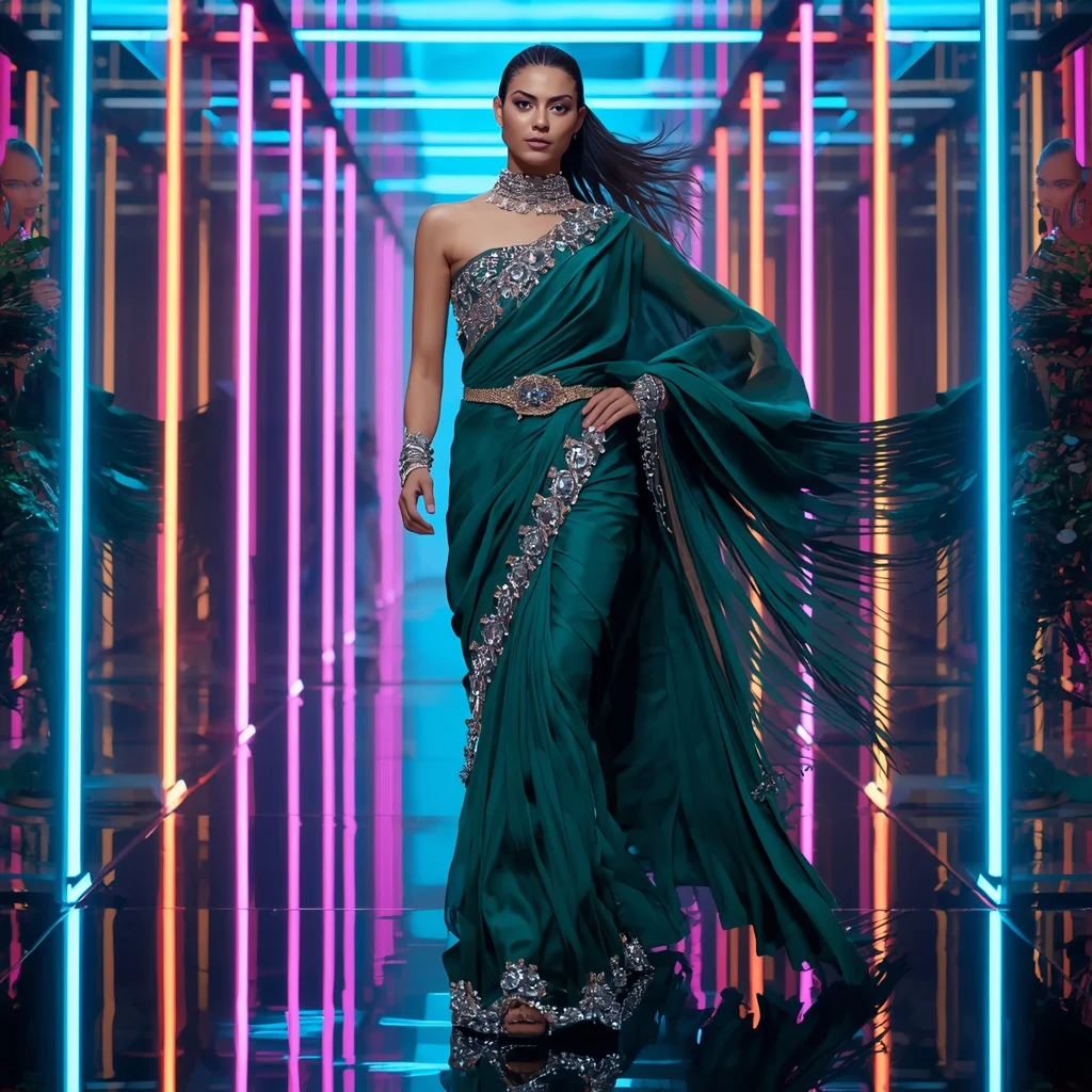 Emerald Nova Fantasy Saree with Floating Prism Reflection Hall | Instagram Influencer Ai Prompt