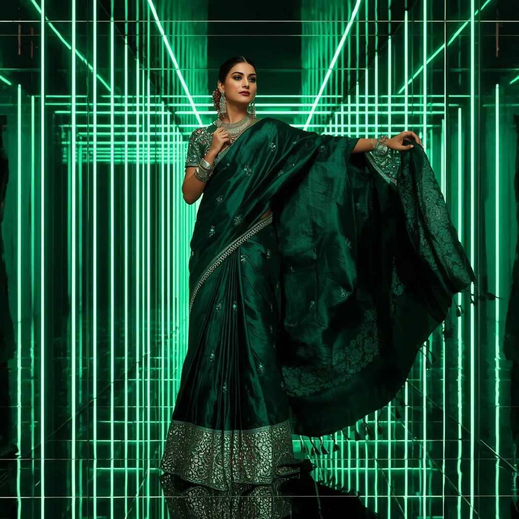 Emerald Nova Festival Saree with Infinity Reflection Hall | Gemini Ai Prompt