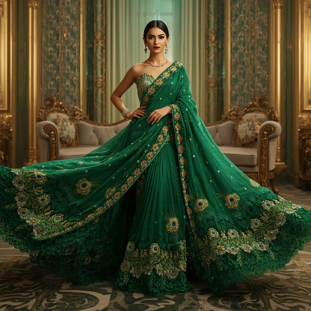 Emerald Peacock Aurora Saree with Golden River Thrones and Royal Garden Dynasty | Gemini Ai Photo Prompt Copy Paste