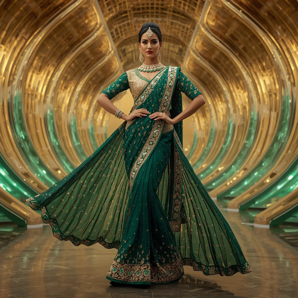 Emerald Peacock Palace Saree with Golden Crown Infinity Empire | Prompt Seen Girl Kurti