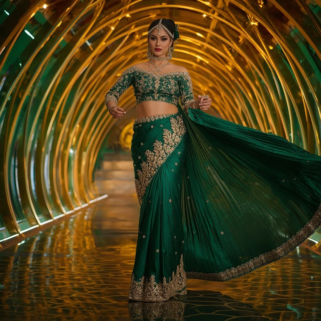 Emerald Peacock Throne Saree with Golden Crown Infinity Empire Hall | Prompt Seen Horror Girl