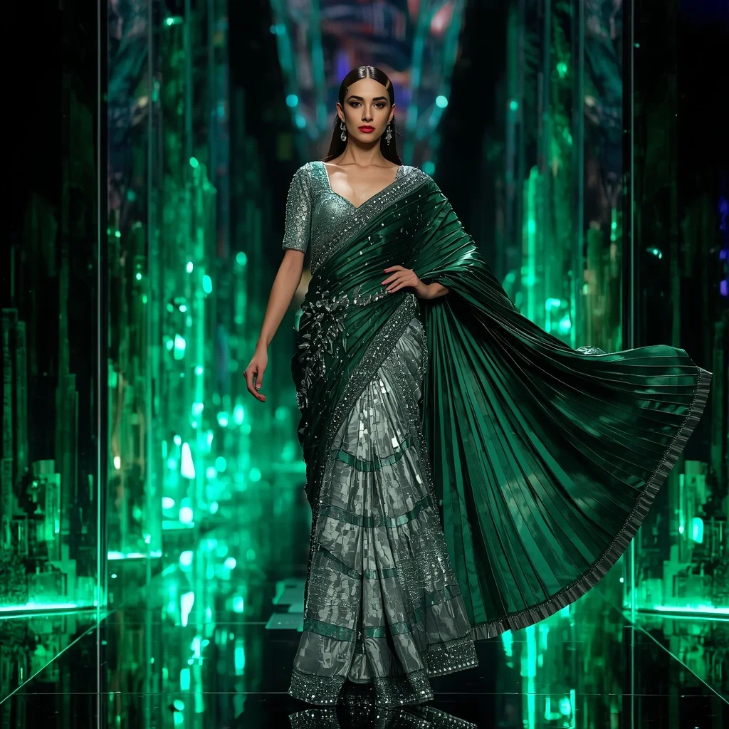 Emerald Quantum Aurora Saree with Curved Prism Skyline Dimensions | Happy Ai Prompt