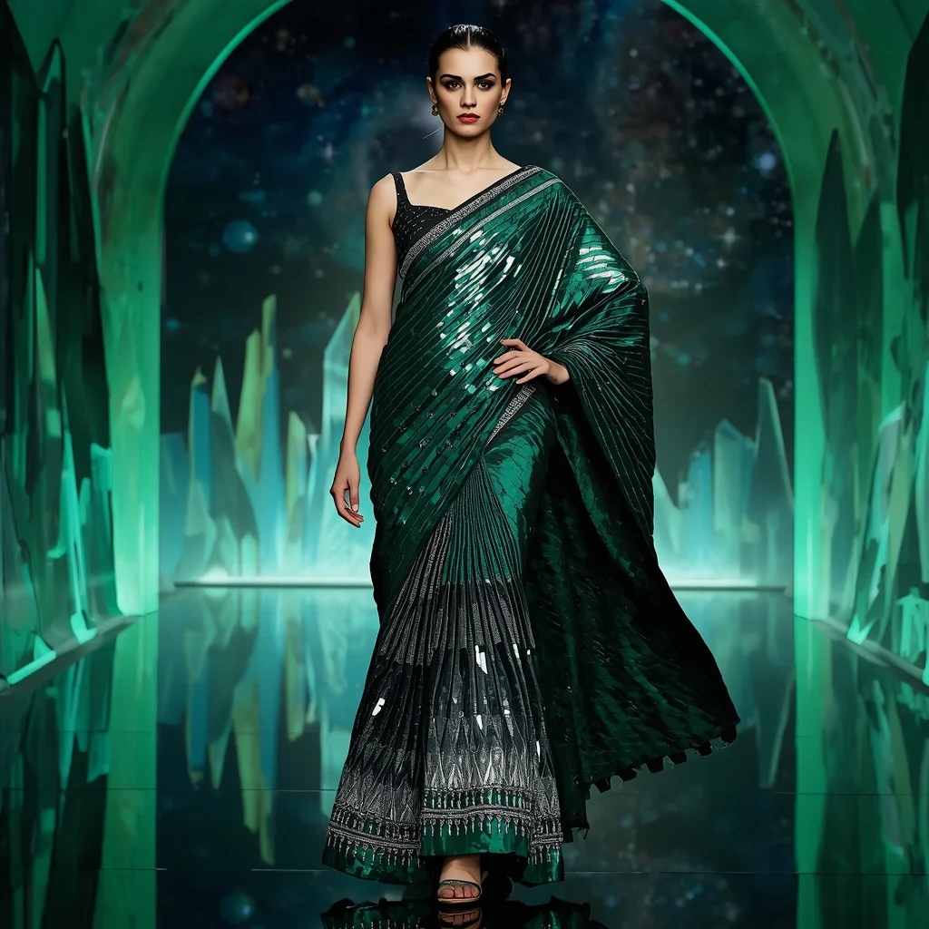 Emerald Quantum Eclipse Saree with Curved Prism Skyline Universes | Prompt Seen Trending Girl 2026 Instagram