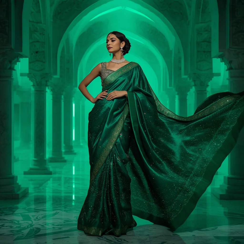 Emerald Rain Nebula Forge Drift Saree – Royal Luxury Saree with Graceful Flow Pose and Nebula Forge Palace Background | Girl Photo Prompt Gemini