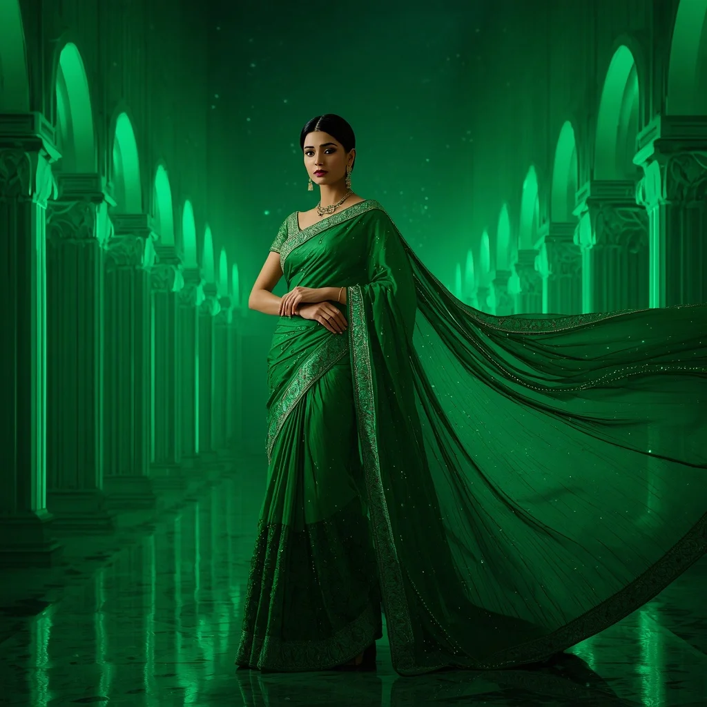 Emerald Rain Nebula Starforge Drift Saree – Royal Luxury Saree with Graceful Flow Pose and Starforge Nebula Drift Palace Background | Prompt For Gemini
