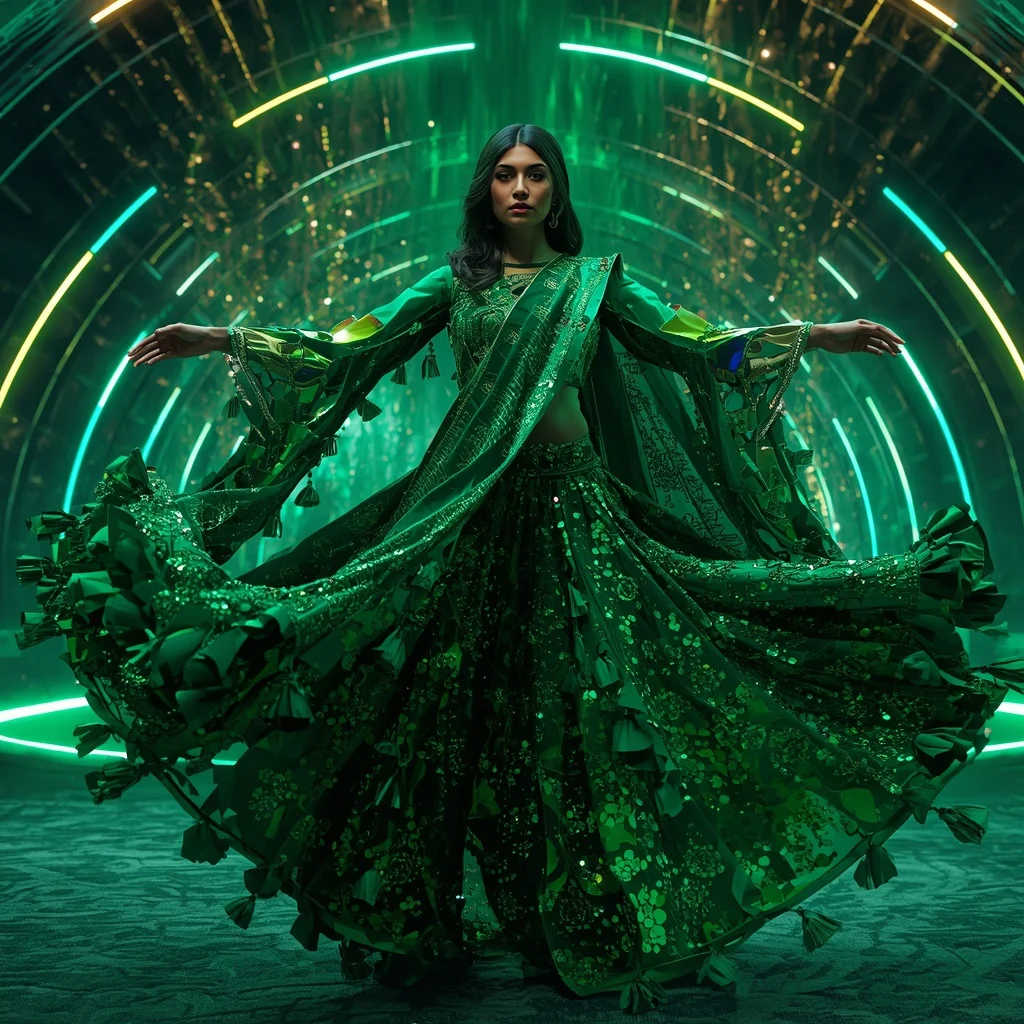 Emerald Supernova Rift Armor Saree with Neon Collapse Energy Cathedral Singularity Dome | Instagram Viral Photo Prompt