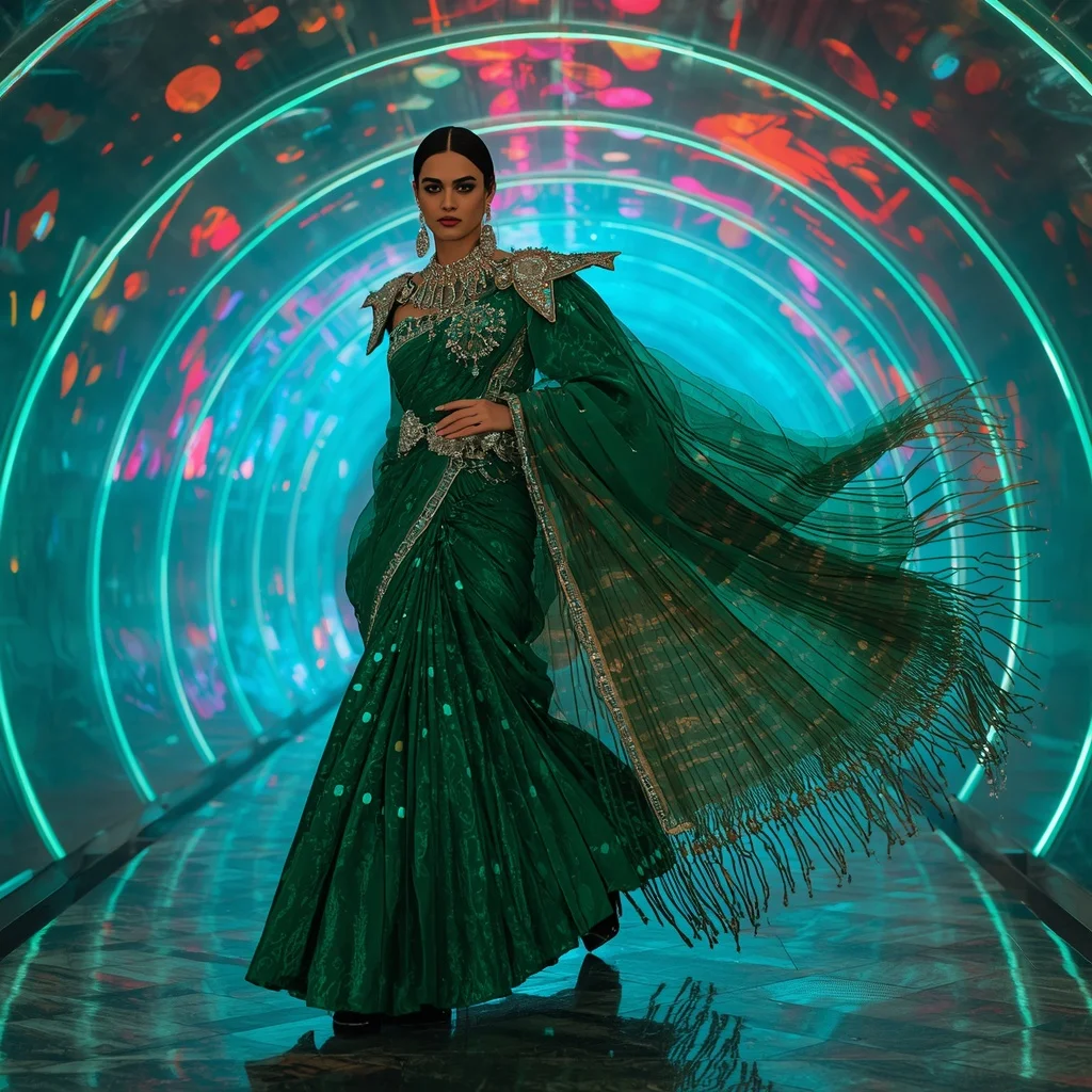 Emerald Thunder Crystal Saree with Curved Plasma Infinity Dome | Whatsapp Dp Ai Prompt