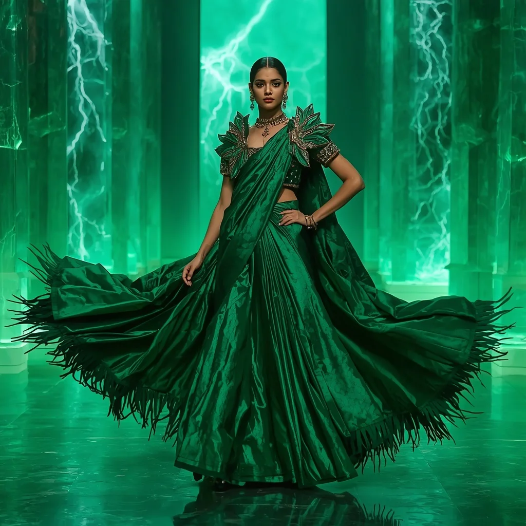 Emerald Thunder Phoenix Saree – Heavy Artistic Festival Saree with Twirl Pose and Thunder Phoenix Crystal Fortress Background | Free Prompt For Girls College