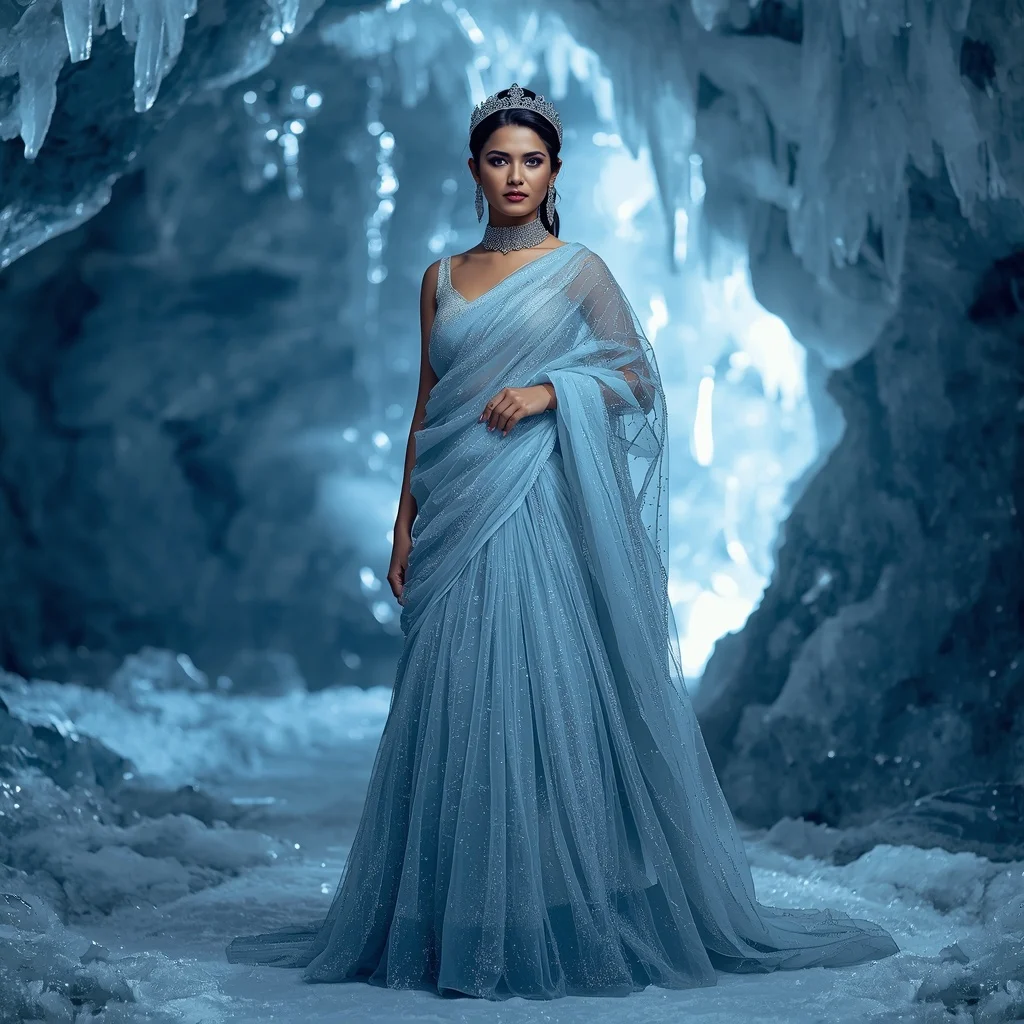Ethereal Frost Tulle Saree in a Crystal Ice Cavern | Saree Girl Ai Prompt