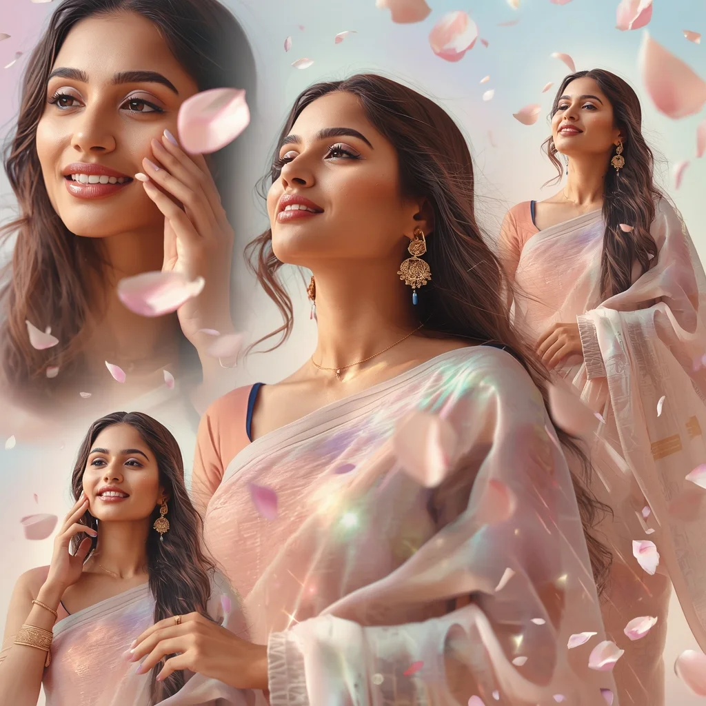 Ethereal Pastel Saree Image Prompt for Women with Floating Magic Petals and Cinematic Glow | Gemini Saree Prompt For Girl