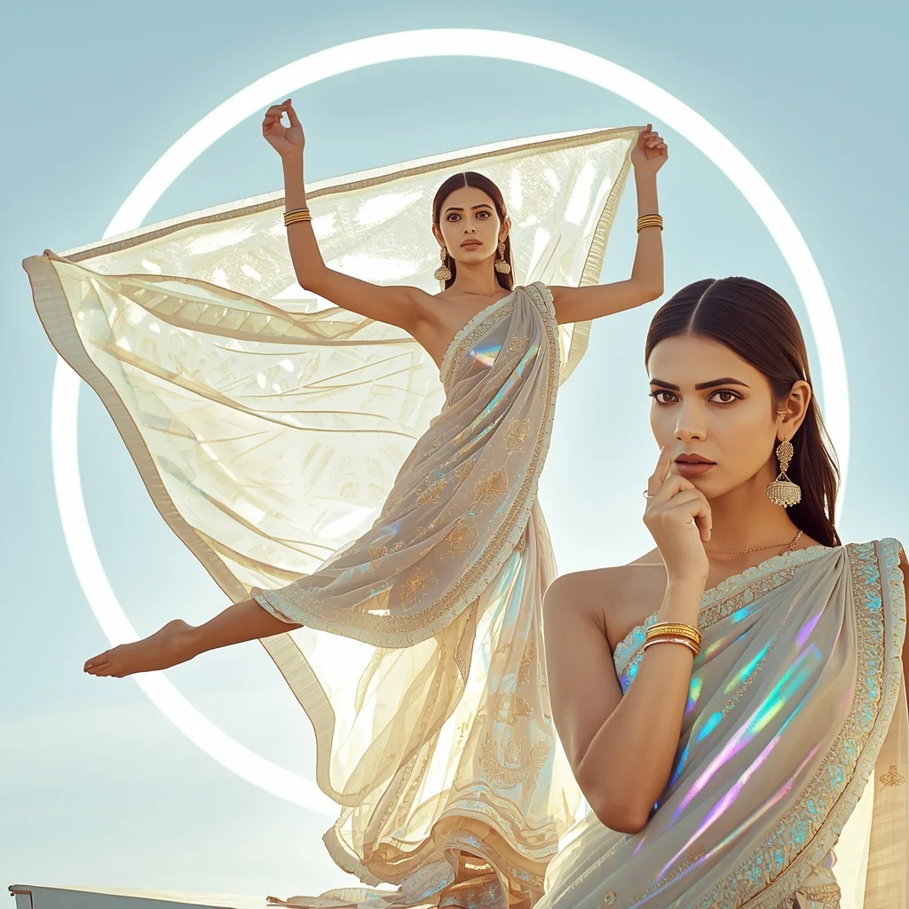 Festival Fancy Saree Holographic Liquid-Glass Georgette | Indian Bride Saree Ai Prompt