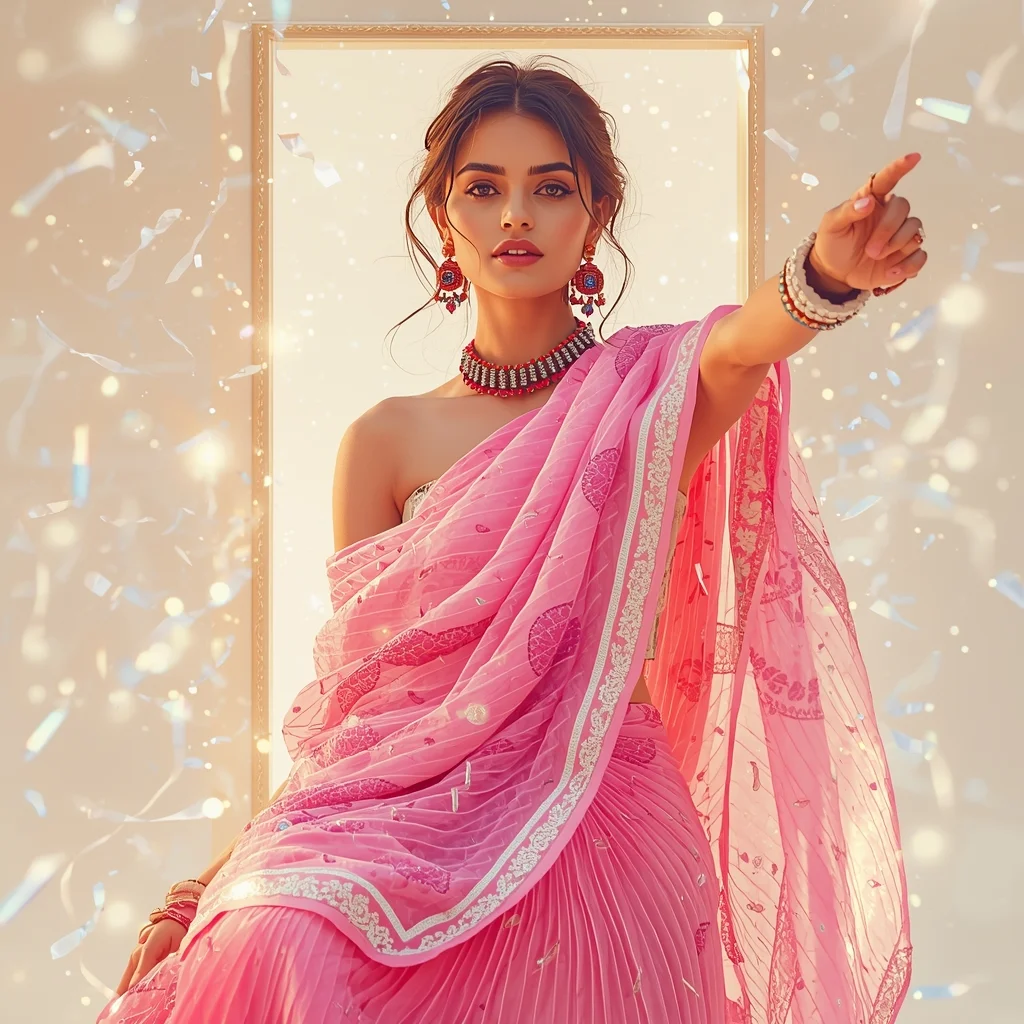 Festival Fancy Saree Shape-Memory Origami Crystal Pleats | Aesthetic Saree Ai Prompt