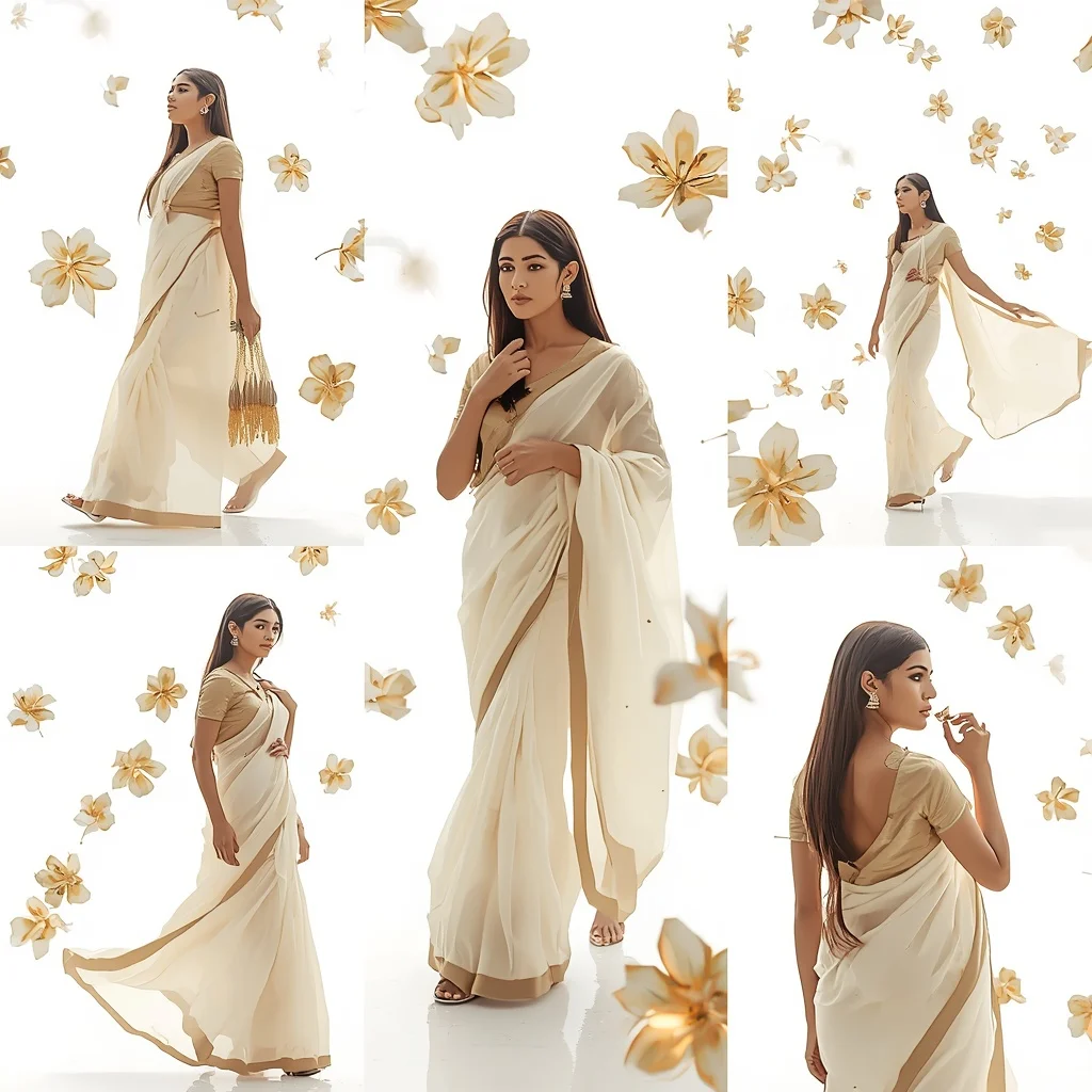 Festive Antique Cream Saree White Gold Geometric Bloom | New Design Ai Prompt