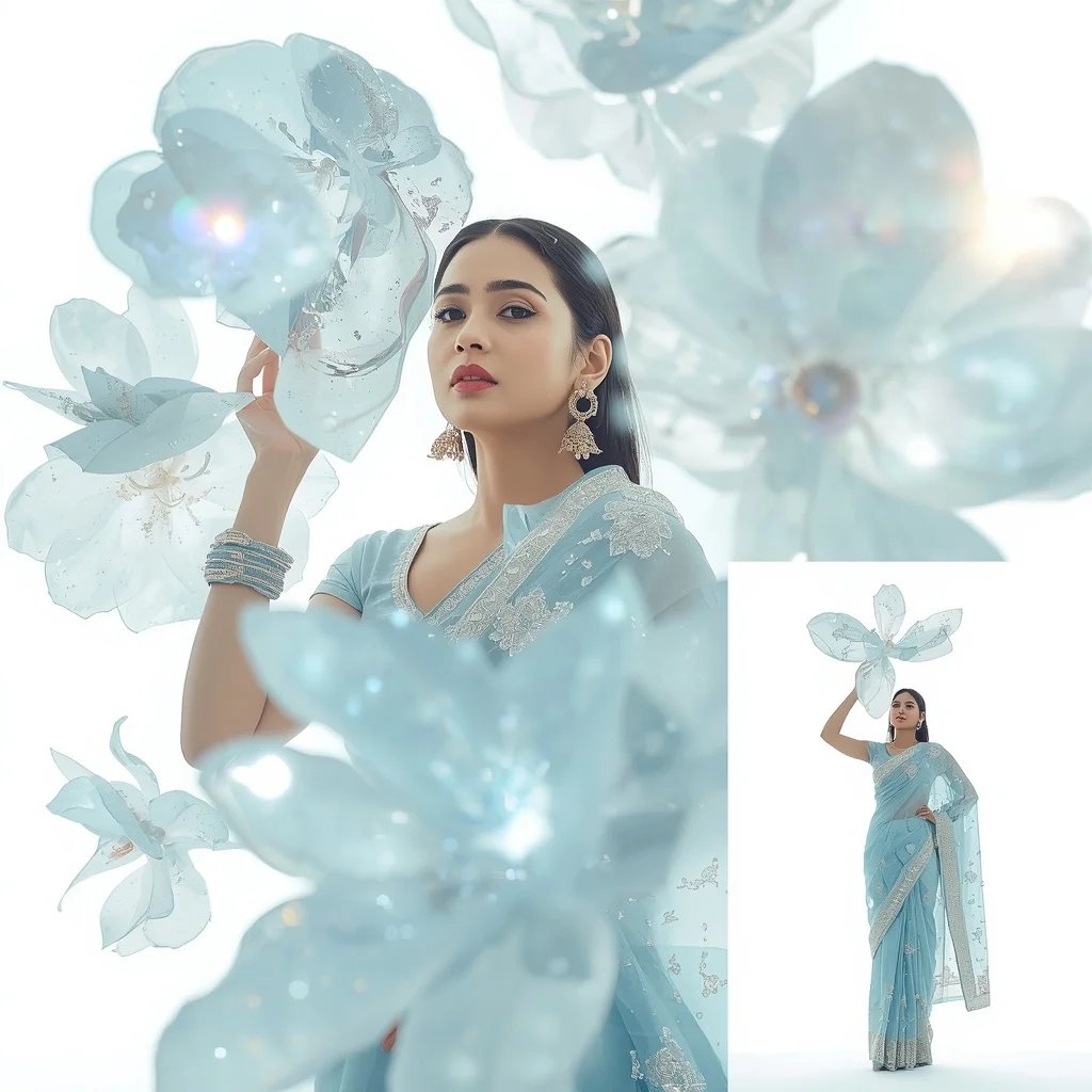 Festive Baby Blue Saree Luminous Translucent Crystalized Flower Bloom | Prompt AI For Girl