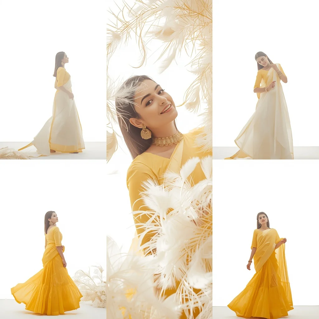 Festive Canary Yellow Saree Sunlit White Peacock Feather Plume | Gemini Prompt