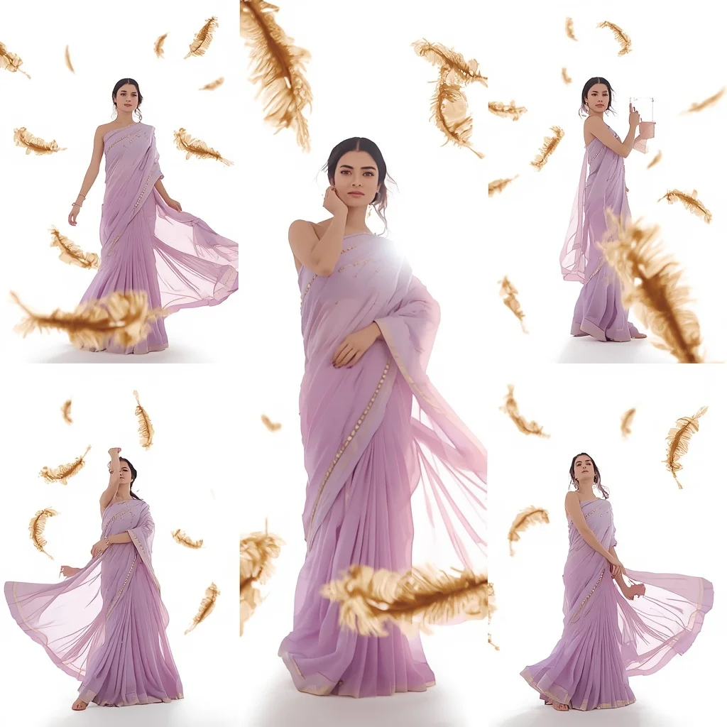 Festive Lavender Mist Saree Floating Gilded Feather Plume | Prompt For Traditional Look For Girl ChatGPT