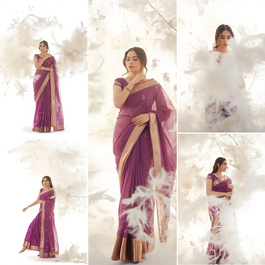 Festive Magenta Purple Saree Glowing White Peacock Feather Plume | Ai Video Generator Prompt