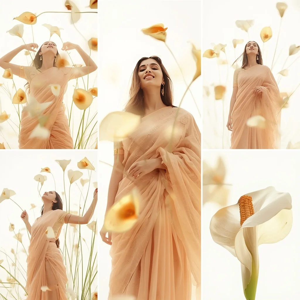 Festive Pale Apricot Saree Hovering White Gold Calla Lily Bloom | Prompt For Gemini AI Girl Style Trending Instagram