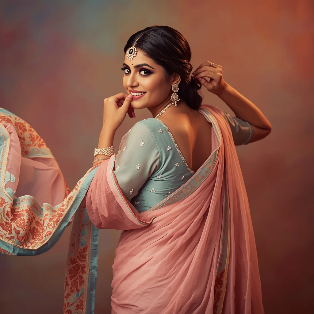 Festive Pastel Girl Elegant Turn Back Glow Dupatta Motion Pose | Saree Whatsapp Dp Ai Prompt