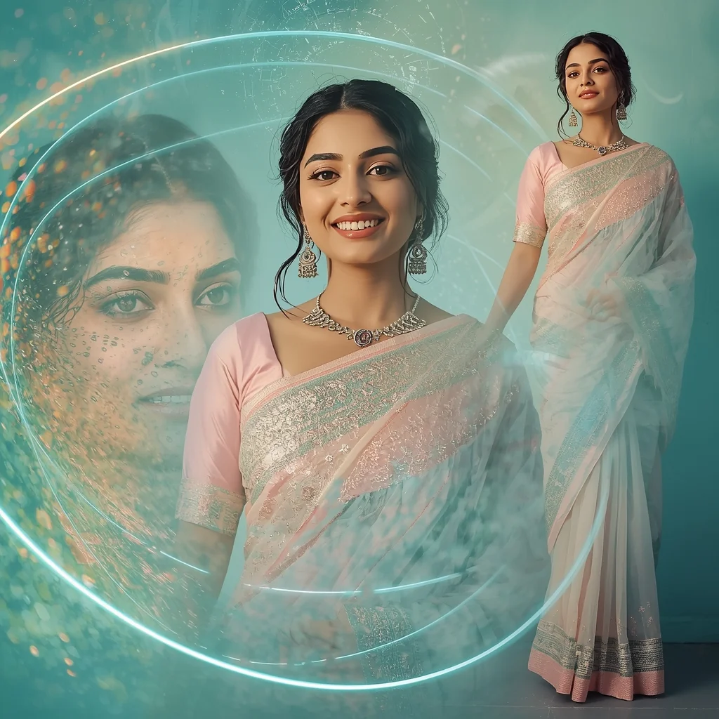 Festive Pastel Saree Aqua Shine Orbit Pulse Drift Collage | Saree Traditional Ai Prompt Indian Culture