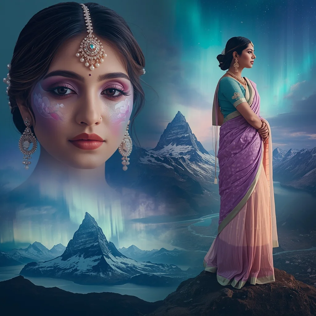 Festive Pastel Saree Aurora Crown Mountain Universe Collage Prompt | Chat Gpt Prompt Link